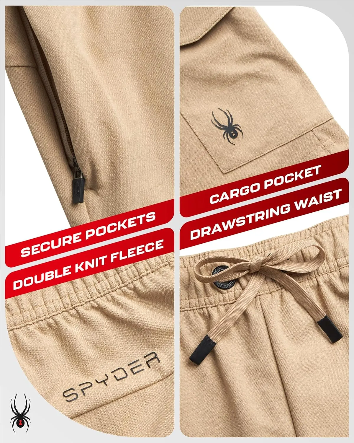 Spyder Mens Cargo Shorts - Stretch Tech Double Knit Fleece Athletic Shorts with Elastic Waistband Drawcord & Pockets (30-36)