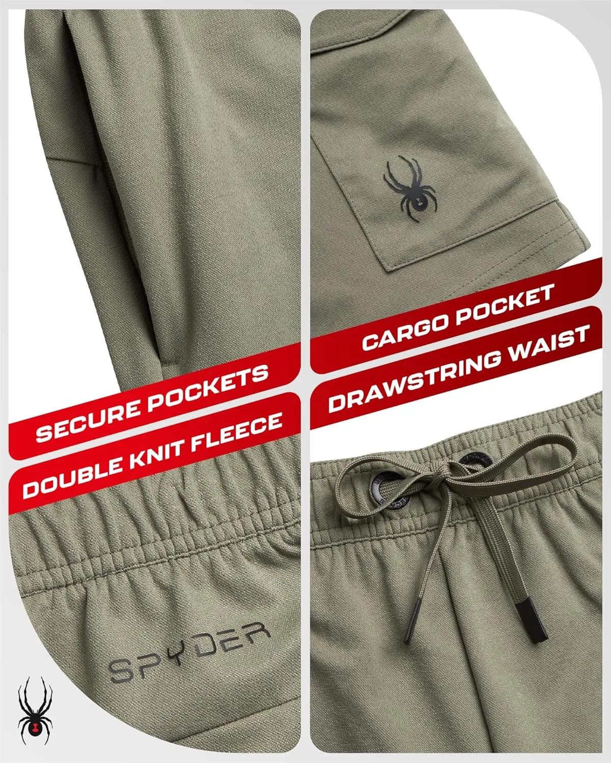 Spyder Mens Cargo Shorts - Stretch Tech Double Knit Fleece Athletic Shorts with Elastic Waistband Drawcord & Pockets (30-36)