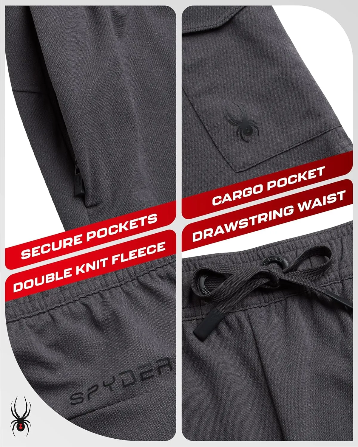 Spyder Mens Cargo Shorts - Stretch Tech Double Knit Fleece Athletic Shorts with Elastic Waistband Drawcord & Pockets (30-36)