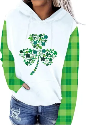 St. Patrick's Day Hoodies for Women Casual Long Sleeve Hooded Sweatshirts Novelty Clover Shamrock Print Pullover Tops