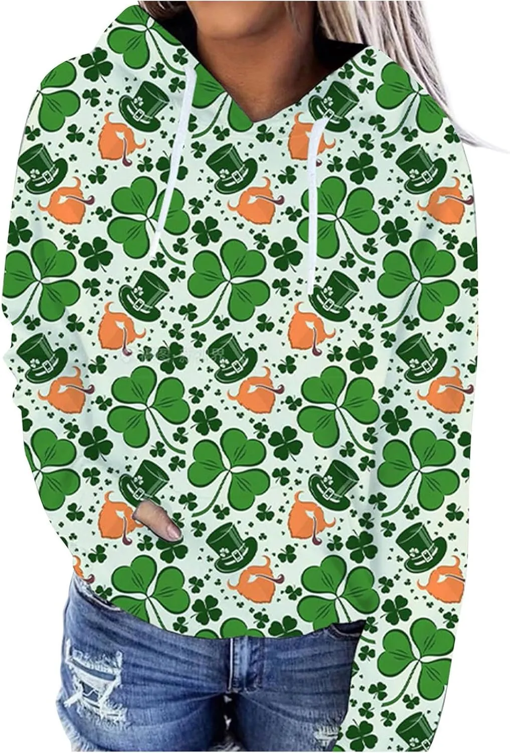St. Patrick's Day Hoodies for Women Casual Long Sleeve Hooded Sweatshirts Novelty Clover Shamrock Print Pullover Tops