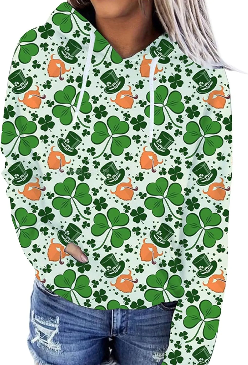 St. Patrick's Day Hoodies for Women Casual Long Sleeve Hooded Sweatshirts Novelty Clover Shamrock Print Pullover Tops