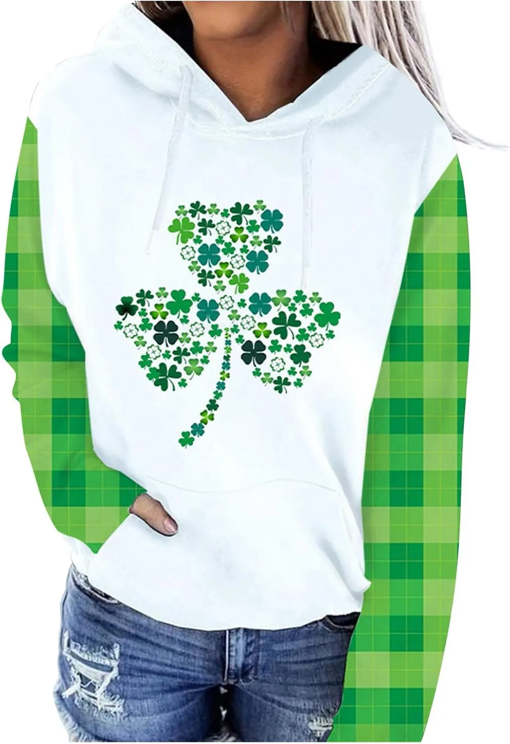 St. Patrick's Day Hoodies for Women Casual Long Sleeve Hooded Sweatshirts Novelty Clover Shamrock Print Pullover Tops