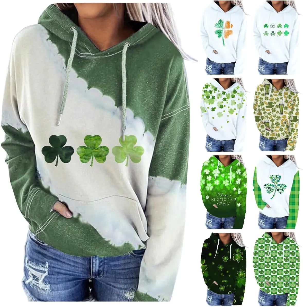 St. Patrick's Day Hoodies for Women Casual Long Sleeve Hooded Sweatshirts Novelty Clover Shamrock Print Pullover Tops
