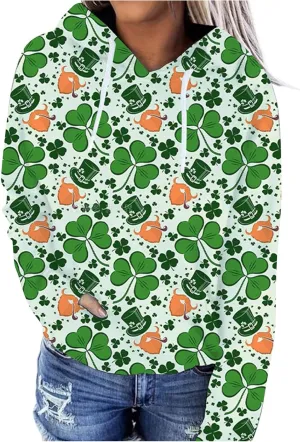 St. Patrick's Day Hoodies for Women Casual Long Sleeve Hooded Sweatshirts Novelty Clover Shamrock Print Pullover Tops