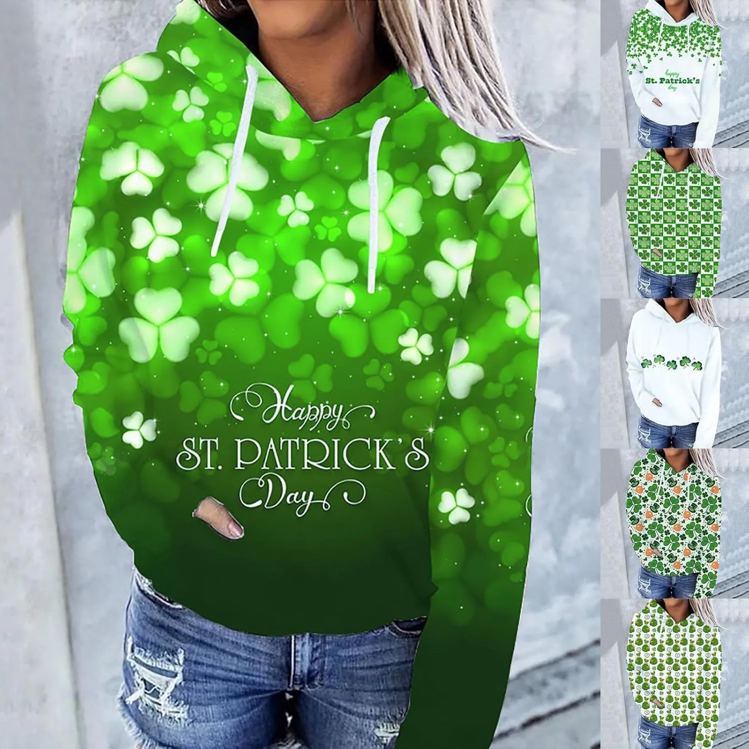 St. Patrick's Day Hoodies for Women Casual Long Sleeve Hooded Sweatshirts Novelty Clover Shamrock Print Pullover Tops