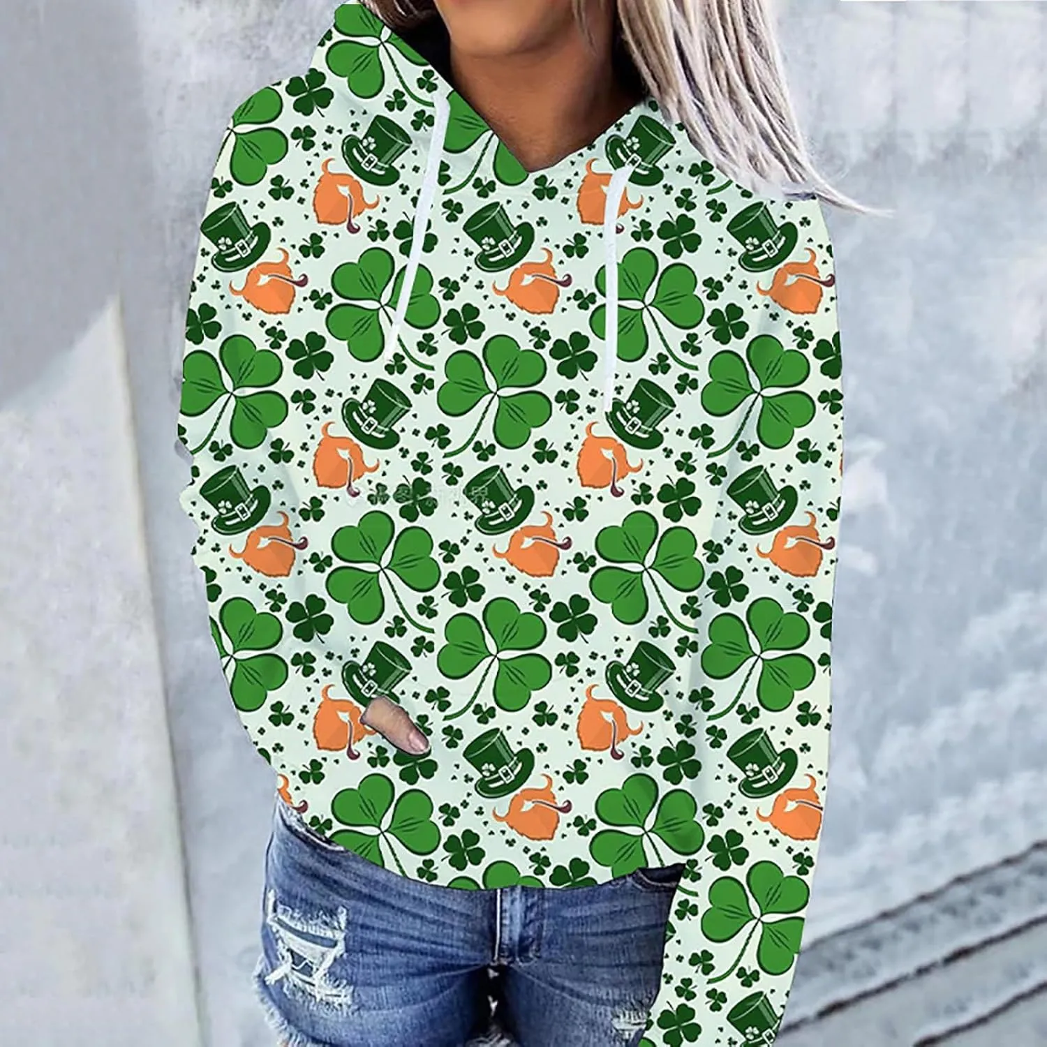 St. Patrick's Day Hoodies for Women Casual Long Sleeve Hooded Sweatshirts Novelty Clover Shamrock Print Pullover Tops
