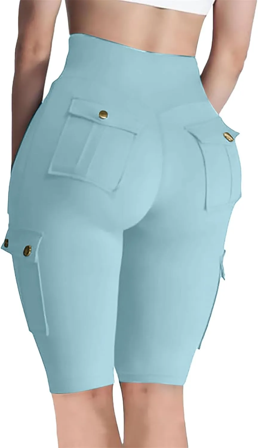 Stretchy High-Waisted Cargo Shorts for Women Stylish Multi-Pocket Legging Tummy Control Butt Lift Elastic Tight Pant