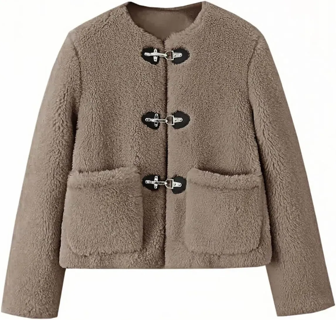 Tankaneo Womens Sherpa Fleece Jackets Long Sleeve Faux Fur Winter Warm Fuzzy Coats with Pockets
