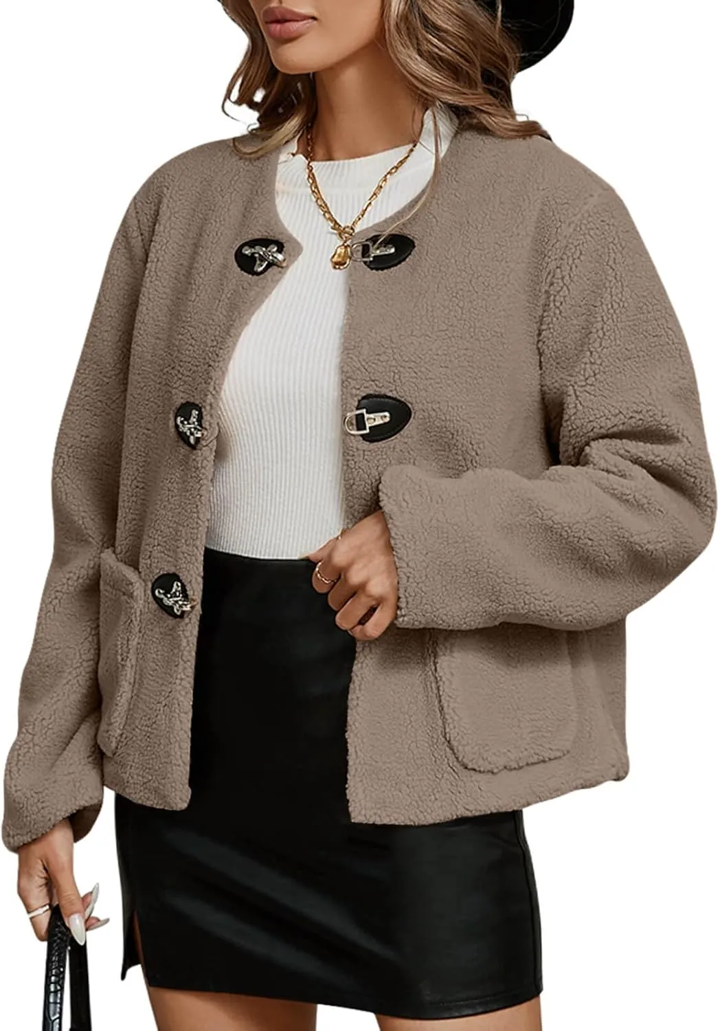 Tankaneo Womens Sherpa Fleece Jackets Long Sleeve Faux Fur Winter Warm Fuzzy Coats with Pockets