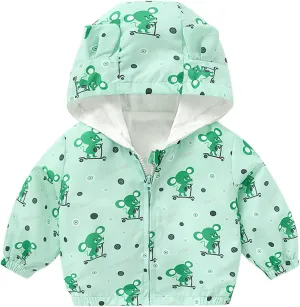 Toddler Baby Boys Girls Zip Up Cartoon Print Jacket Hooded Long Sleeve Coat Kids Windbreaker Coats Casual Fall Spring Clothes