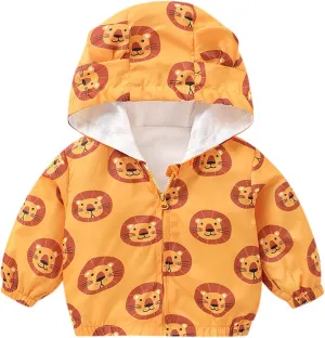Toddler Baby Boys Girls Zip Up Cartoon Print Jacket Hooded Long Sleeve Coat Kids Windbreaker Coats Casual Fall Spring Clothes