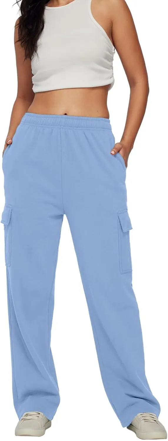 Trendy Queen Womens Cargo Sweatpants Wide Leg Baggy Fleece High Waisted Sweats Pants Winter Clothes with Pockets