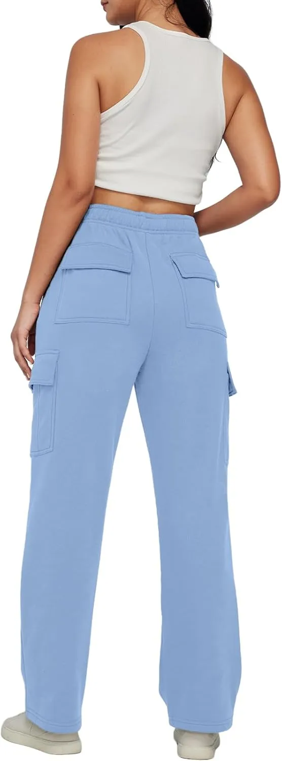 Trendy Queen Womens Cargo Sweatpants Wide Leg Baggy Fleece High Waisted Sweats Pants Winter Clothes with Pockets