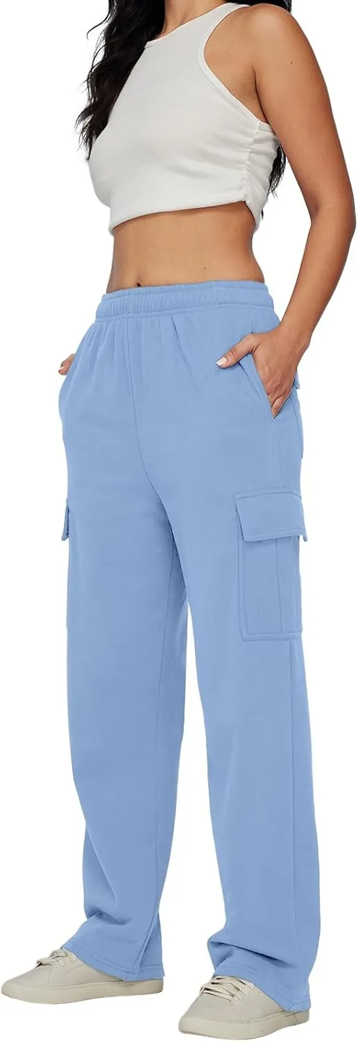 Trendy Queen Womens Cargo Sweatpants Wide Leg Baggy Fleece High Waisted Sweats Pants Winter Clothes with Pockets