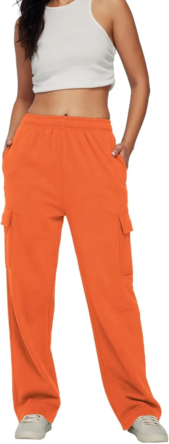 Trendy Queen Womens Cargo Sweatpants Wide Leg Baggy Fleece High Waisted Sweats Pants Winter Clothes with Pockets