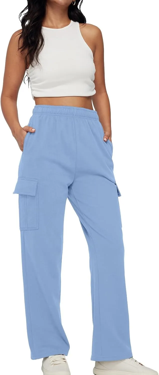 Trendy Queen Womens Cargo Sweatpants Wide Leg Baggy Fleece High Waisted Sweats Pants Winter Clothes with Pockets