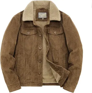 utcoco Men's Vintage Fleece Sherpa Lined Corduroy Denim Trucker Jackets Lapel Button Down Thickened Winter Coats
