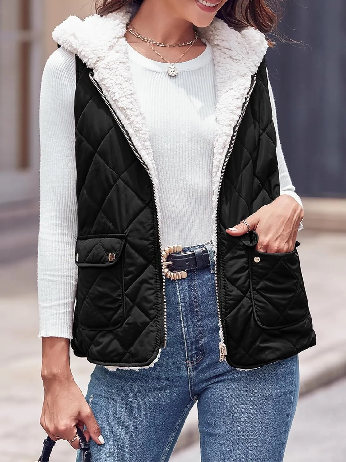 Valphsio Women's Reversible Sherpa Vest Quilted Zip Fleece Padded Gilet with Pockets