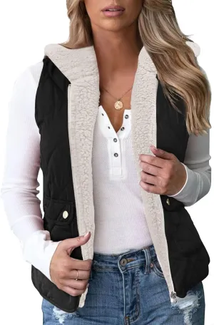 Valphsio Women's Reversible Sherpa Vest Quilted Zip Fleece Padded Gilet with Pockets