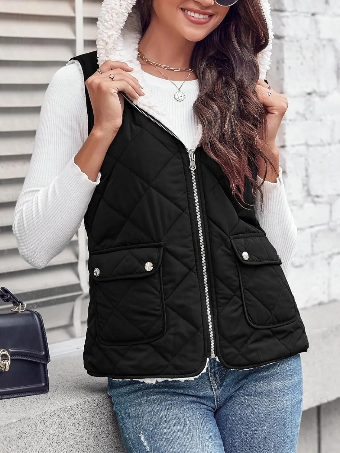 Valphsio Women's Reversible Sherpa Vest Quilted Zip Fleece Padded Gilet with Pockets