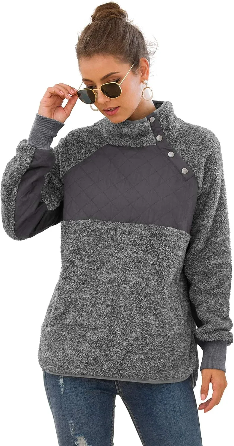 VIISHOW Women's Long Sleeves Quilt Coat Turtleneck Oblique Button Neck Fleece Pullover Coat Sweatshirts Outwear with Pocket