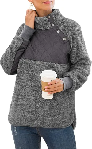 VIISHOW Women's Long Sleeves Quilt Coat Turtleneck Oblique Button Neck Fleece Pullover Coat Sweatshirts Outwear with Pocket