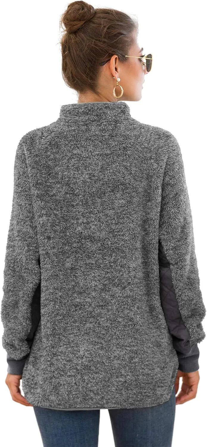 VIISHOW Women's Long Sleeves Quilt Coat Turtleneck Oblique Button Neck Fleece Pullover Coat Sweatshirts Outwear with Pocket