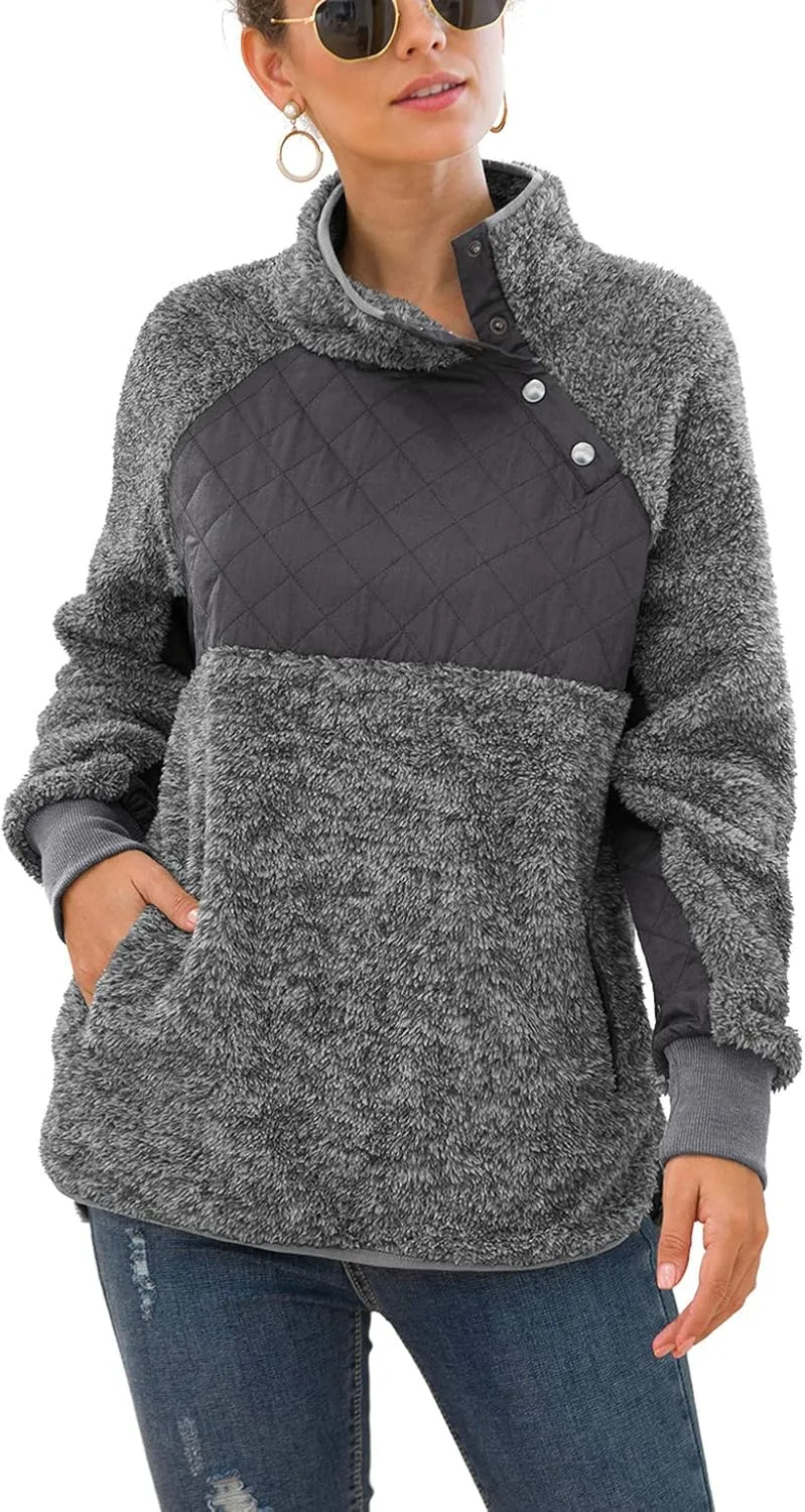 VIISHOW Women's Long Sleeves Quilt Coat Turtleneck Oblique Button Neck Fleece Pullover Coat Sweatshirts Outwear with Pocket
