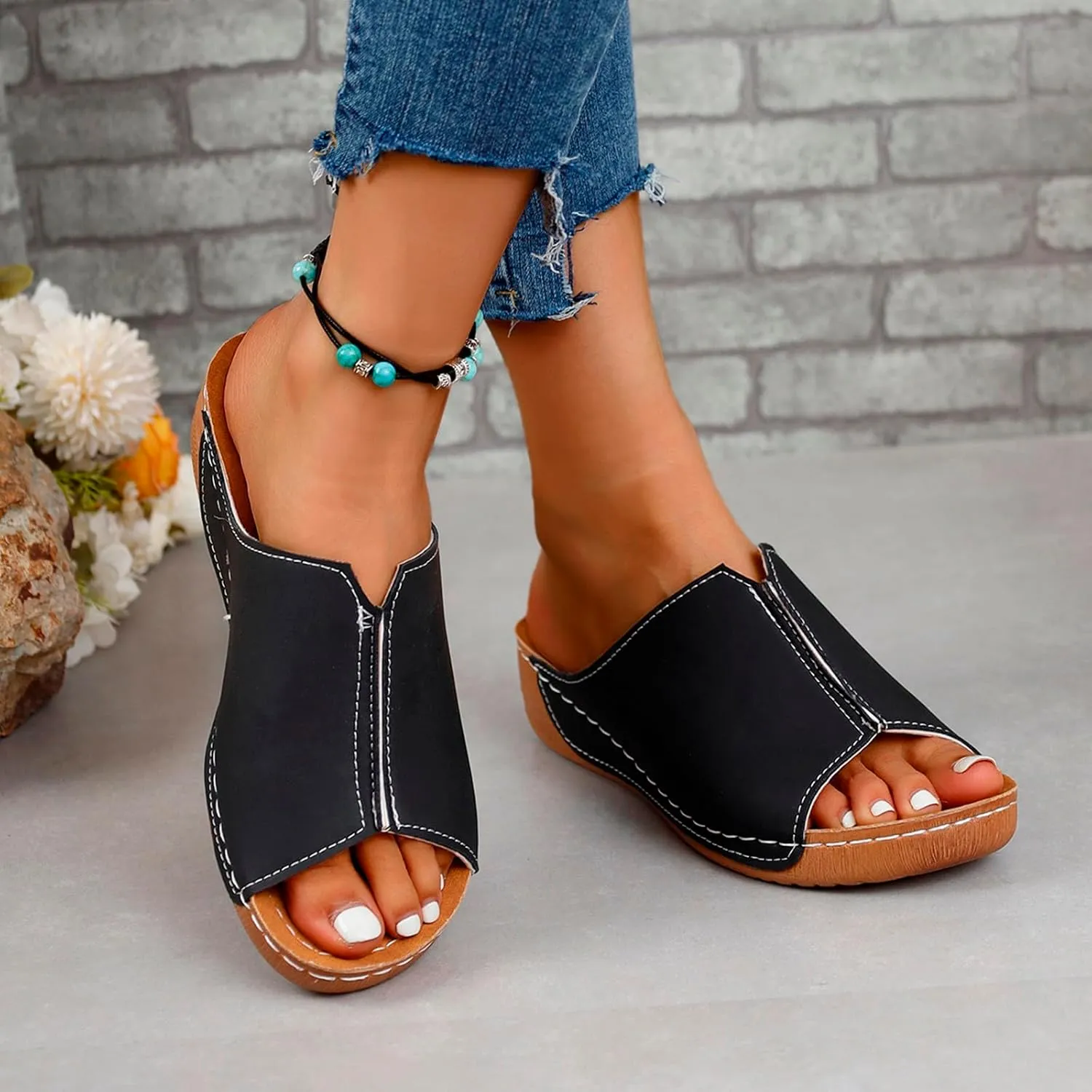 Wedges Sandals for Women Damping Sole Upgradation Stretch Low Heel Slippers Rubber Sole Arch Support Cushion Slides Sandals Slip on Going Out Dressy Comfortable Summer Beach Walking