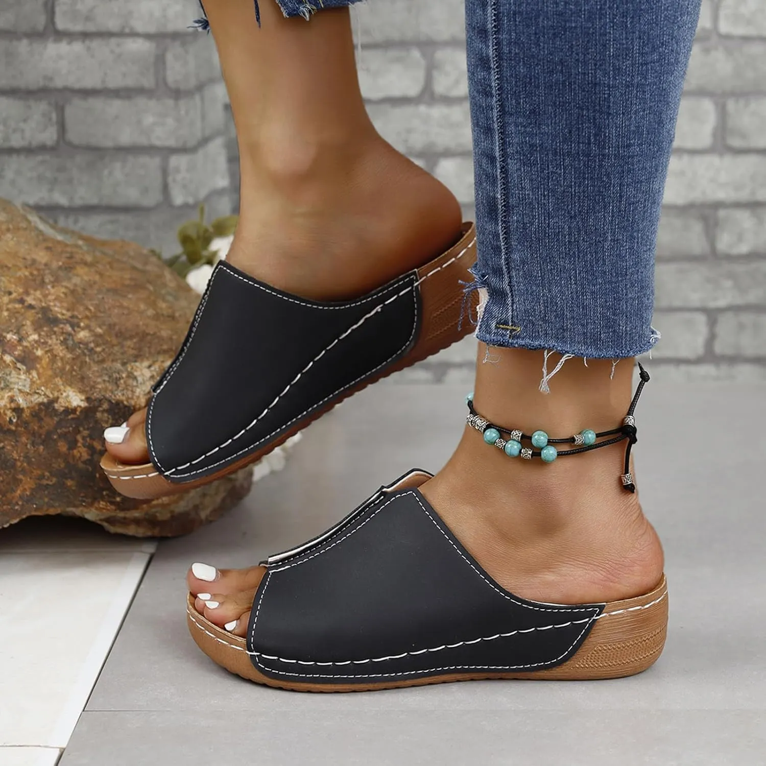 Wedges Sandals for Women Damping Sole Upgradation Stretch Low Heel Slippers Rubber Sole Arch Support Cushion Slides Sandals Slip on Going Out Dressy Comfortable Summer Beach Walking