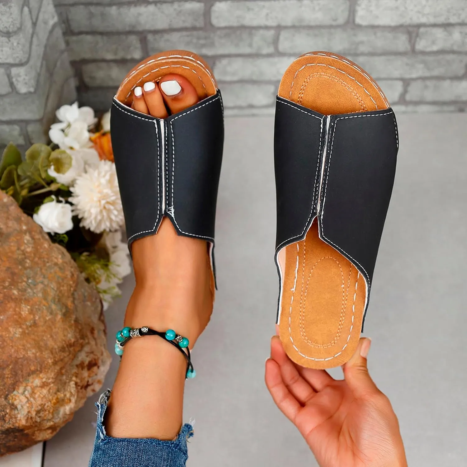 Wedges Sandals for Women Damping Sole Upgradation Stretch Low Heel Slippers Rubber Sole Arch Support Cushion Slides Sandals Slip on Going Out Dressy Comfortable Summer Beach Walking