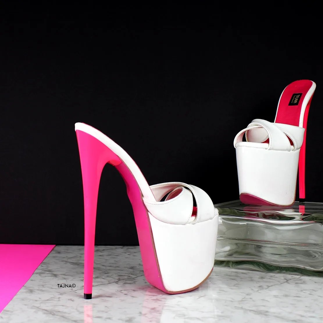 White Pink Cross Strap High Heel Mules