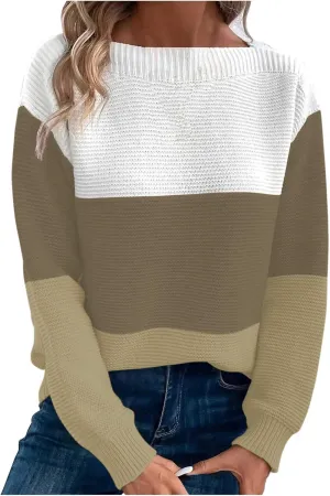 Winter Sweaters for Women 2024 Casual Loose Color Block Pullover Sweater Long Sleeve Boat Neck Knit Jumper Tops