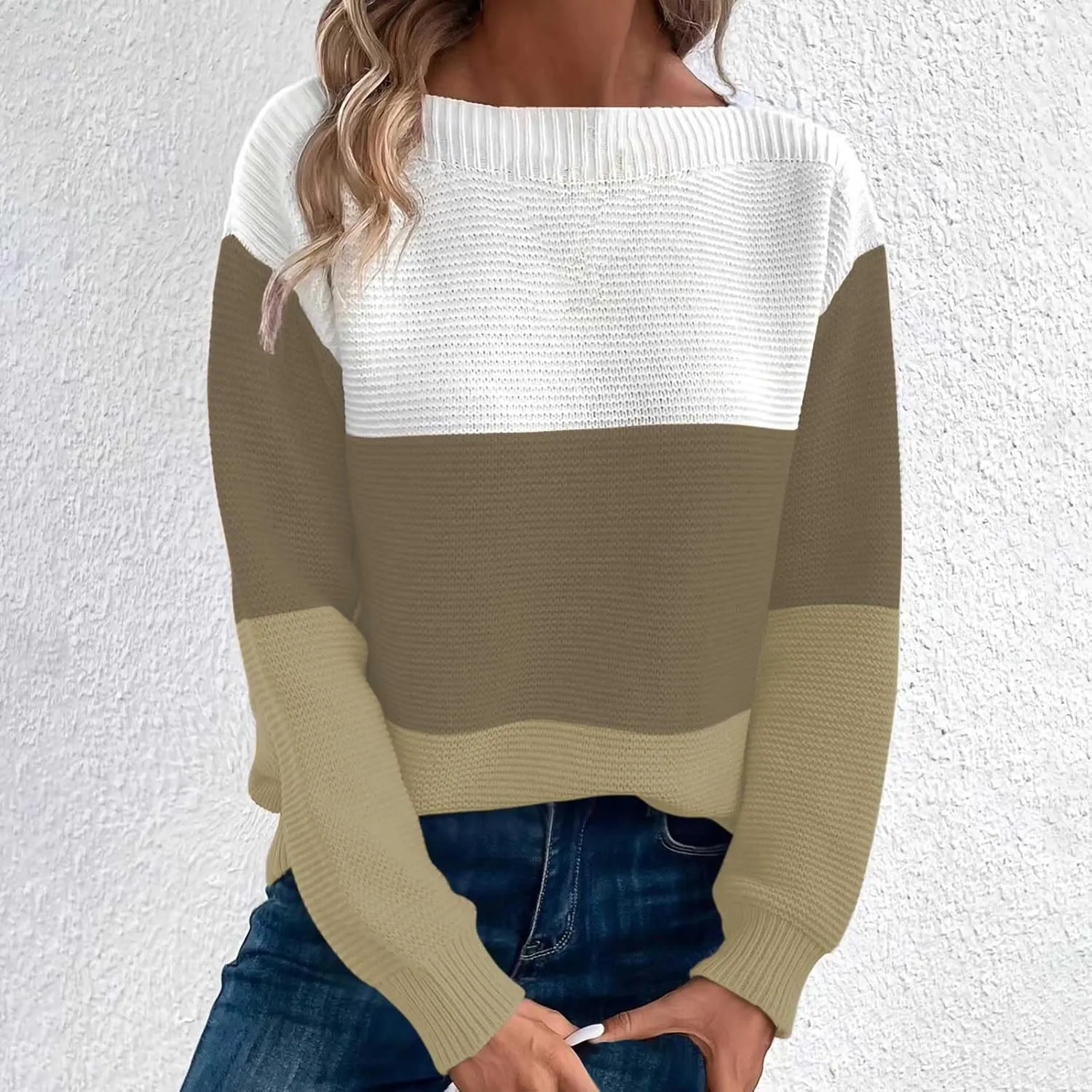 Winter Sweaters for Women 2024 Casual Loose Color Block Pullover Sweater Long Sleeve Boat Neck Knit Jumper Tops