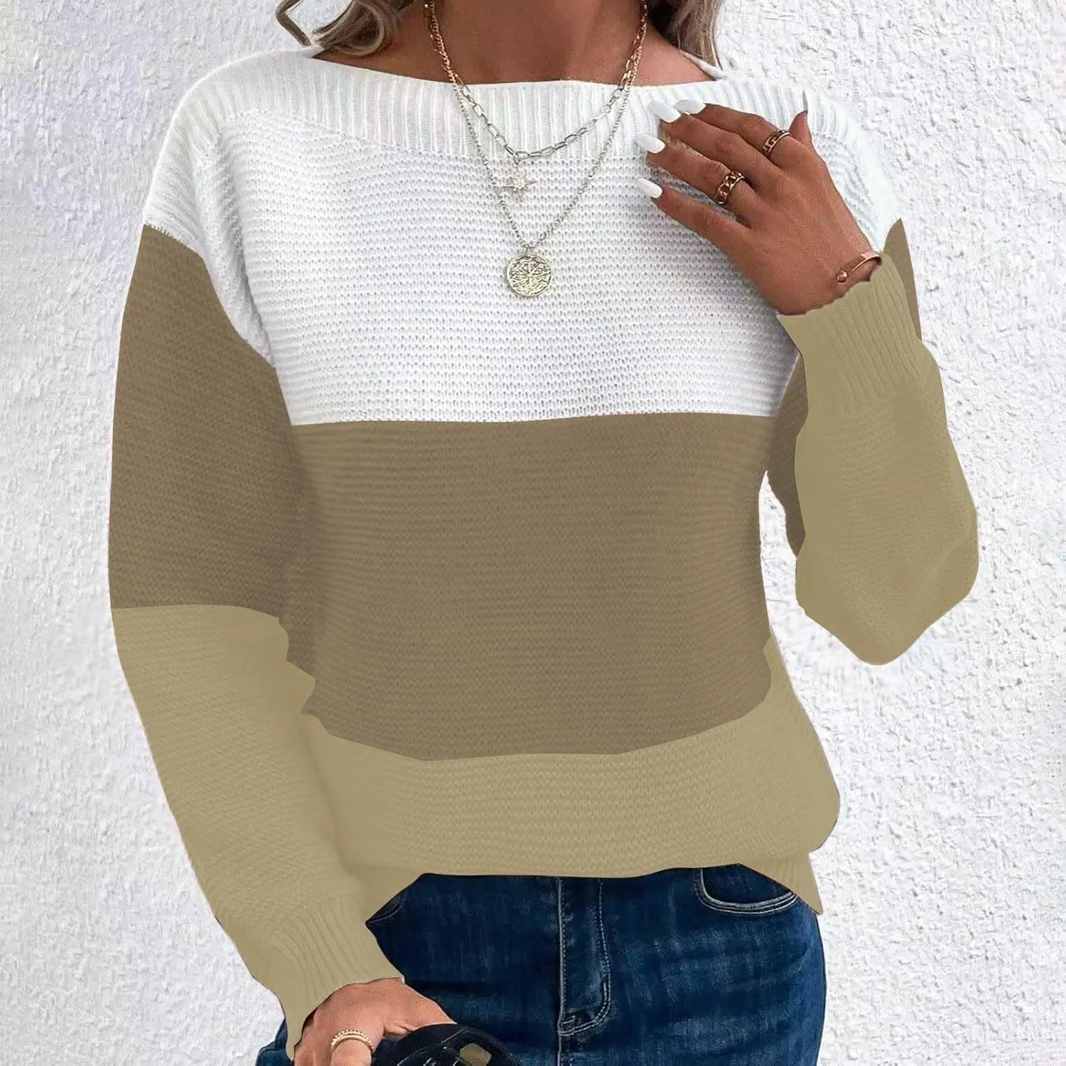 Winter Sweaters for Women 2024 Casual Loose Color Block Pullover Sweater Long Sleeve Boat Neck Knit Jumper Tops