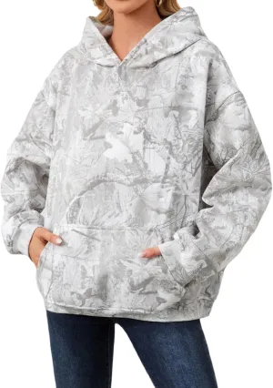 Women Camo Hoodies Maple Leaf Oversized Fleece Hooded Sweatshirt Loose Long Sleeve Pullover Top with Pocket Couple