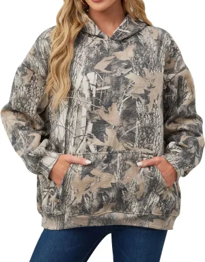 Women Camo Hoodies Maple Leaf Oversized Fleece Hooded Sweatshirt Loose Long Sleeve Pullover Top with Pocket Couple