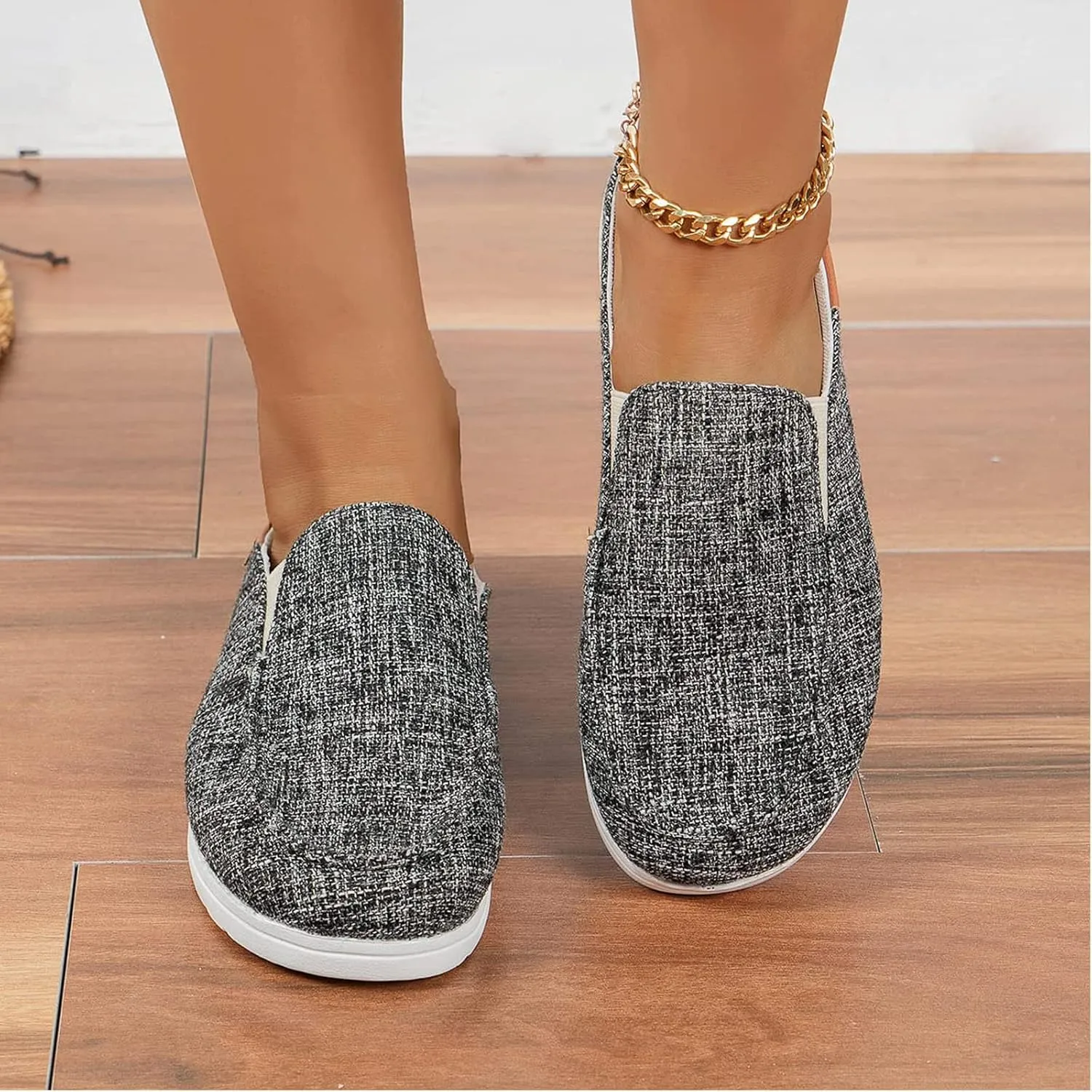 Women's Canvas Slip On Mules,Fashion Open Back Flats Shoes Summer Closed Round Toe Low Top Sneaker Loafer Shoes