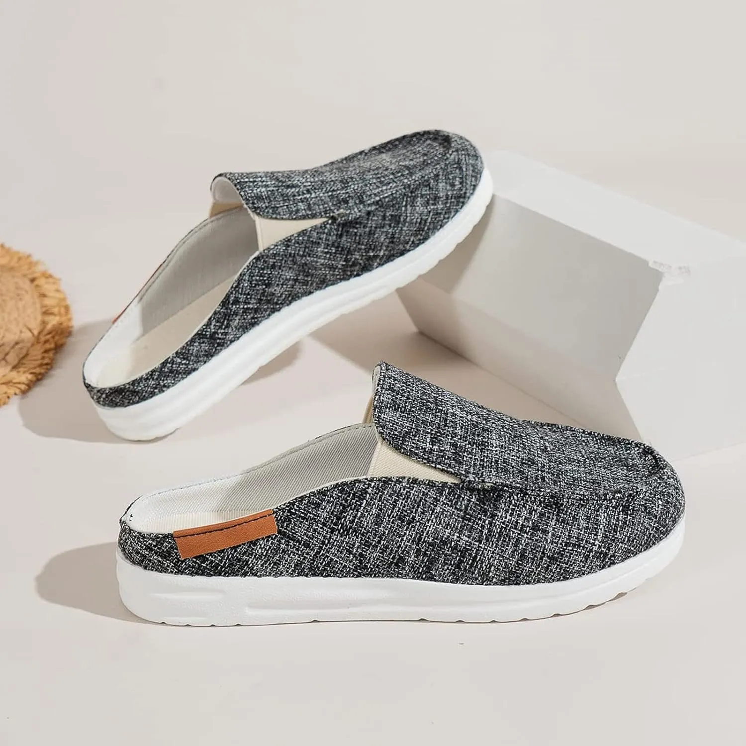 Women's Canvas Slip On Mules,Fashion Open Back Flats Shoes Summer Closed Round Toe Low Top Sneaker Loafer Shoes