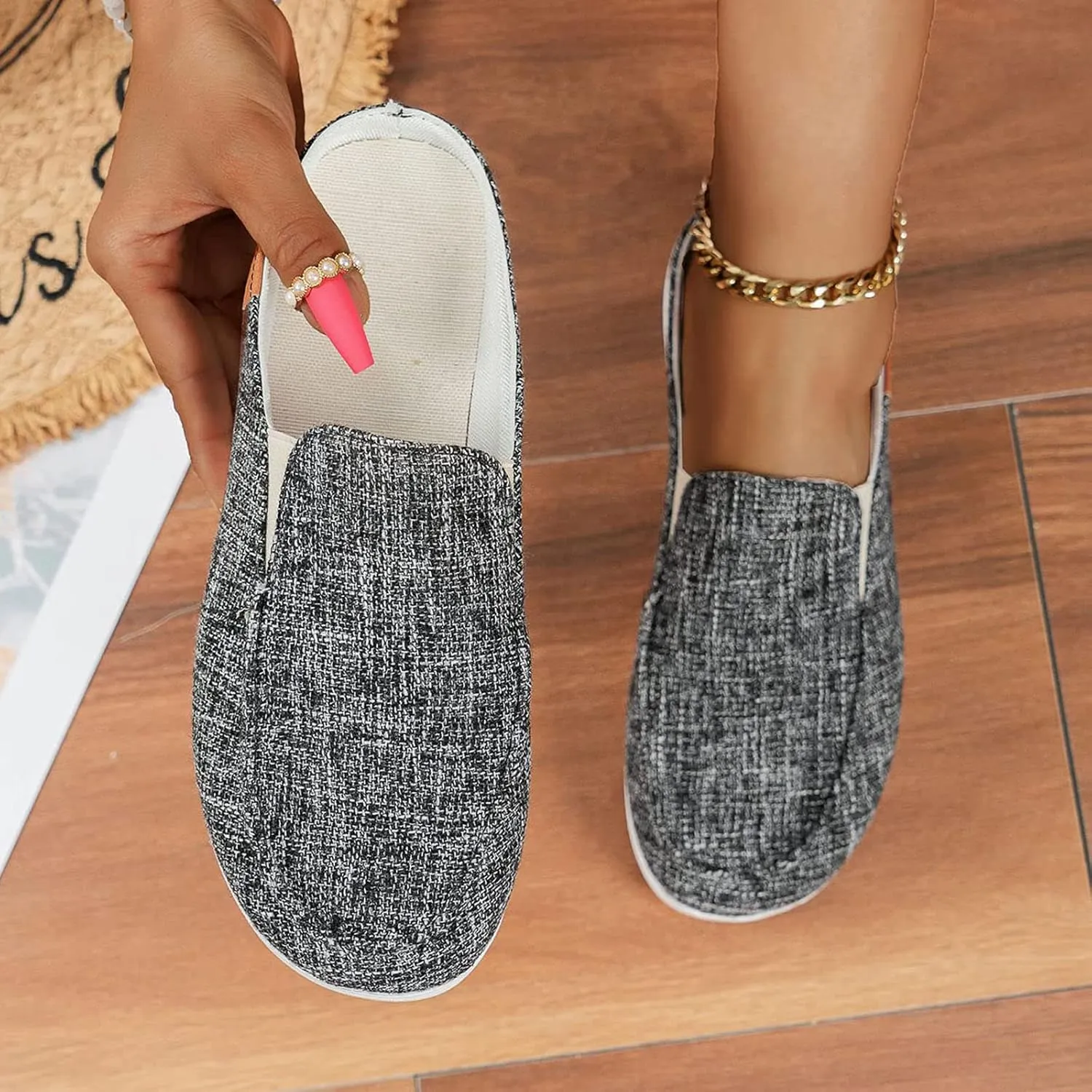 Women's Canvas Slip On Mules,Fashion Open Back Flats Shoes Summer Closed Round Toe Low Top Sneaker Loafer Shoes