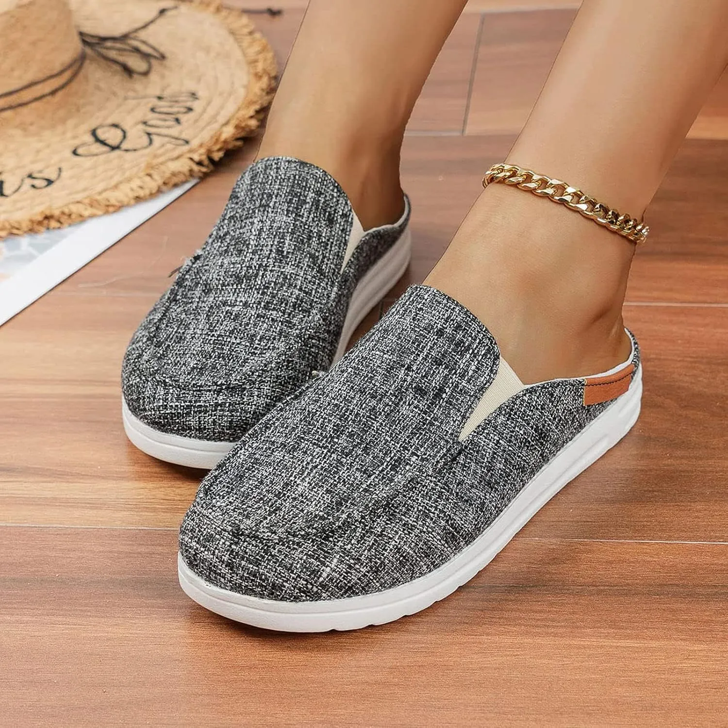 Women's Canvas Slip On Mules,Fashion Open Back Flats Shoes Summer Closed Round Toe Low Top Sneaker Loafer Shoes