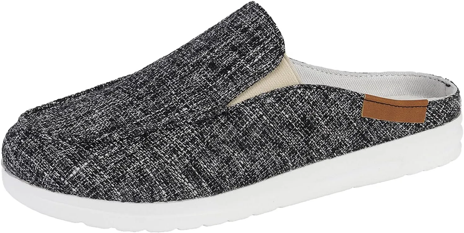 Women's Canvas Slip On Mules,Fashion Open Back Flats Shoes Summer Closed Round Toe Low Top Sneaker Loafer Shoes