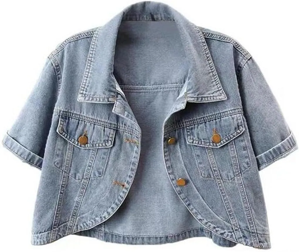 Women's Casual Turndown Collar Denim Jackets Cropped Button Up Short Sleeves Jean Coat Outerwear