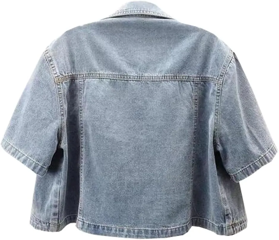 Women's Casual Turndown Collar Denim Jackets Cropped Button Up Short Sleeves Jean Coat Outerwear