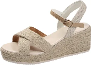 Womens Espadrilles Platform Wedge Sandals Cross Strappy Open Toe Ankle Strap Retro Wedge Sandals Summer Dressy Shoes Lightweight Wide Width Boho Beach Sandals