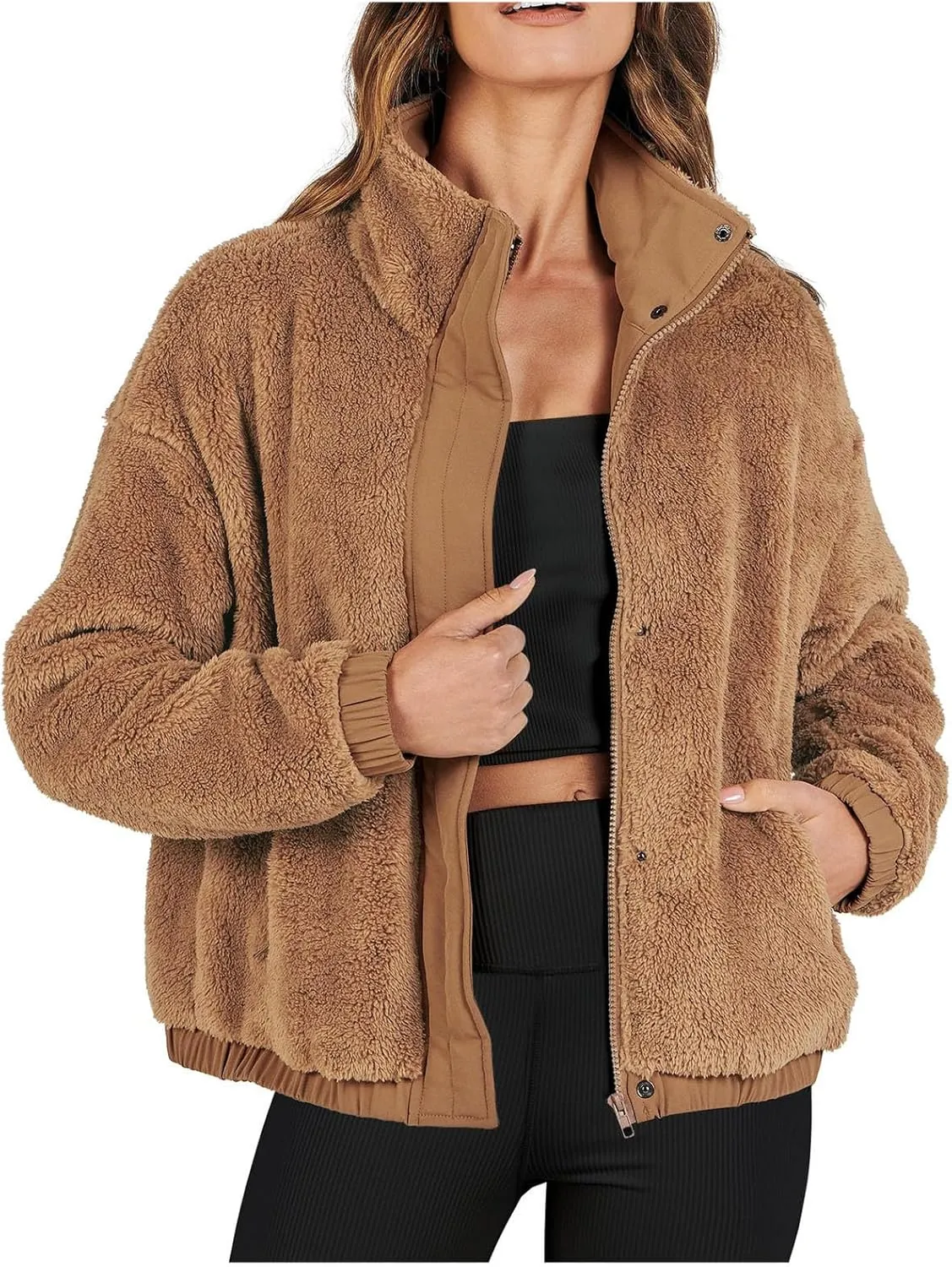 Womens Fleece Jacket 2024 Winter Fashionable Coat Long Sleeve with Full Zipper and Pocket Teddy Coats