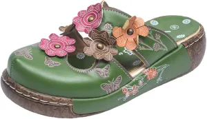 Women's Floral Clogs with Butterfly Print, Purple Leather Slip-On Mules, Decorative Multi-Color Flower Accents