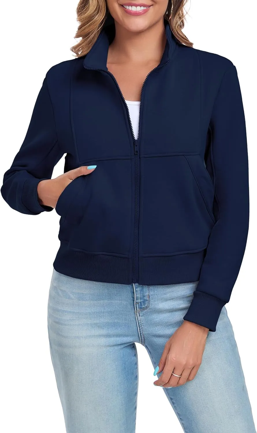 Women's Full Zip Up Sweatshirts Fleece Jackets Stand Collar Long Sleeve Casual Outwear Fuzzy Warm Coat with Pocket