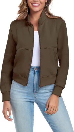 Women's Full Zip Up Sweatshirts Fleece Jackets Stand Collar Long Sleeve Casual Outwear Fuzzy Warm Coat with Pocket